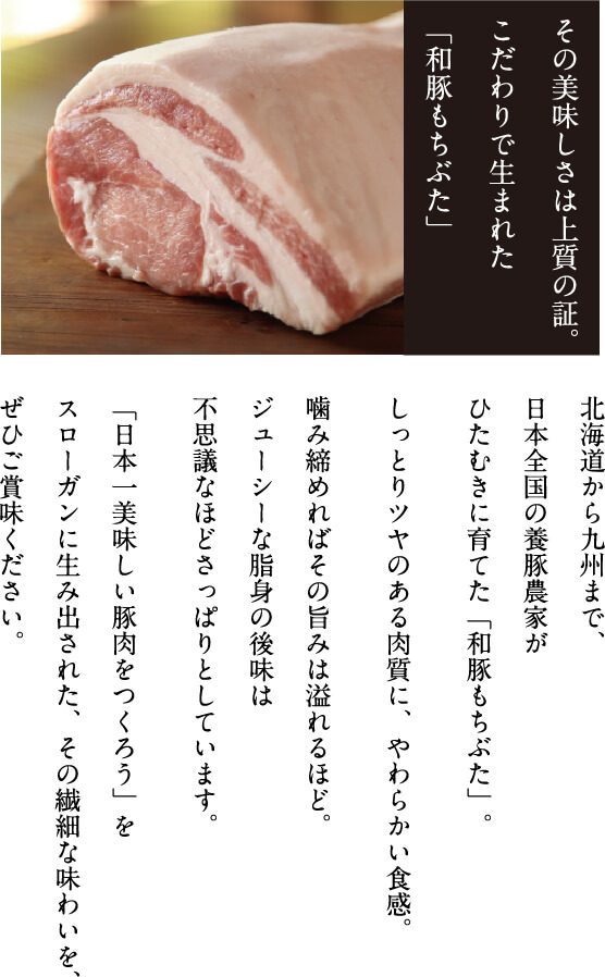 その美味しさは上質の証。こだわりで生まれた「和豚もちぶた」北海道から九州まで、日本全国の養豚農家がひたむきに育てた「和豚もちぶた」。しっとりツヤのある肉質に、やわらかい食感。噛み締めればその旨みは溢れるほど。ジューシーな脂身の後味は不思議なほどさっぱりとしています。「日本一美味しい豚肉をつくろう」をスローガンに生み出された、その繊細な味わいを、ぜひご賞味ください